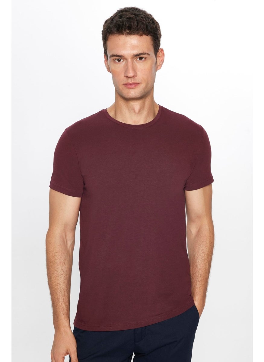 Men's Slim Fit Slim Cut Cotton Soft Texture Flexible Fabric Plain Basic Claret Red Crew Neck T-Shirt