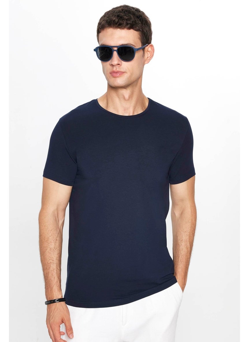 Men's Slim Fit Slim Cut Cotton Soft Texture Flexible Fabric Plain Basic Navy Blue Crew Neck T-Shirt