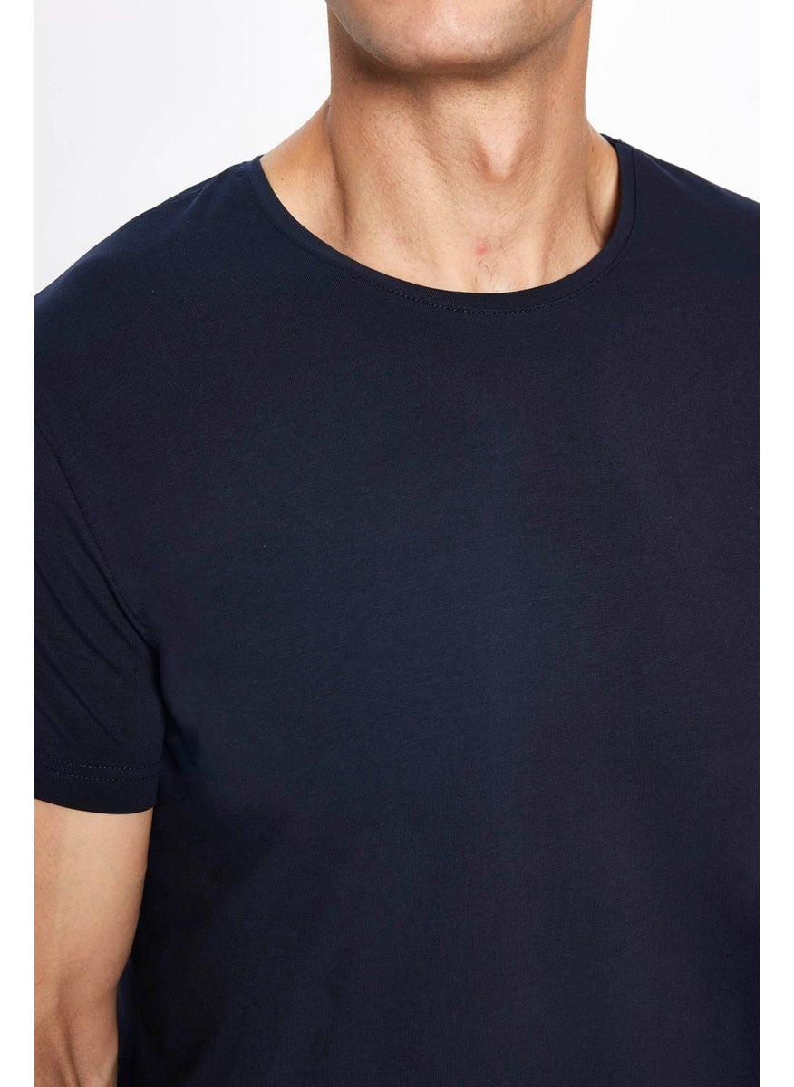 Men's Slim Fit Slim Cut Cotton Soft Texture Flexible Fabric Plain Basic Navy Blue Crew Neck T-Shirt