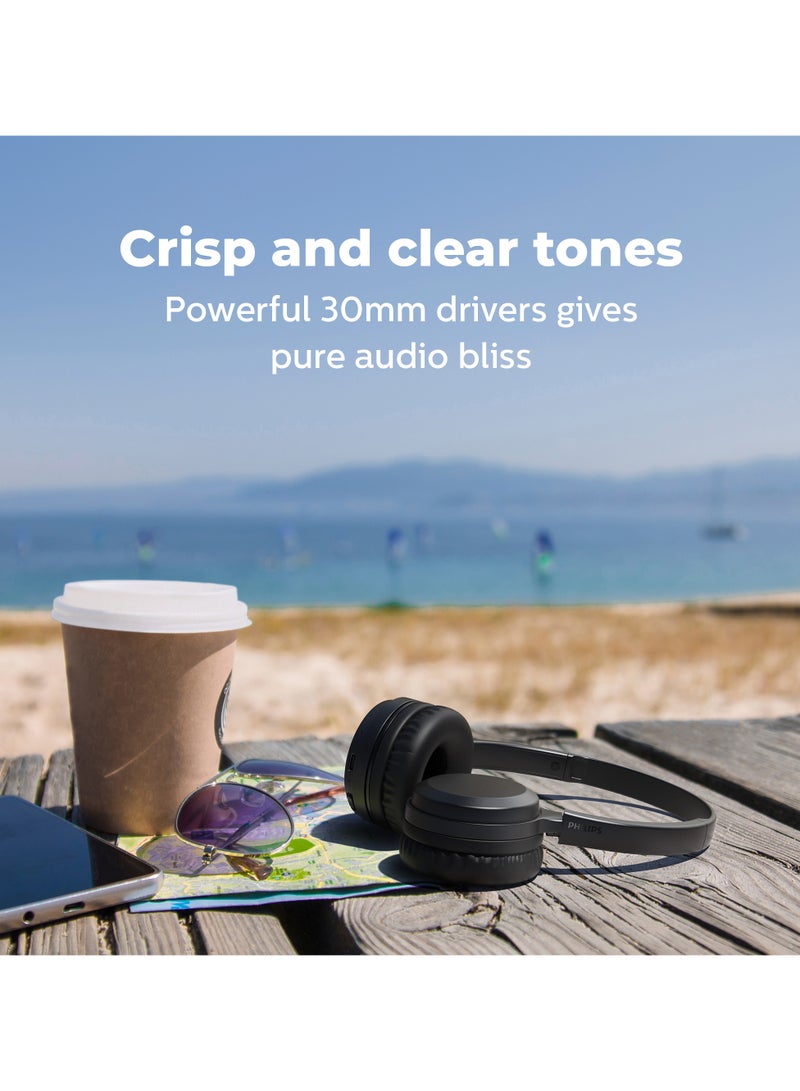 TAH1108BK Wireless Bluetooth Headphones with 30mm Neodymium Drivers, 15H Playback,  Bluetooth 5.2, Fast Charging, Built-in Mic, Voice Assistant Support, Comfortable Cushions, Fold-Flat Lightweight Design, Black Black