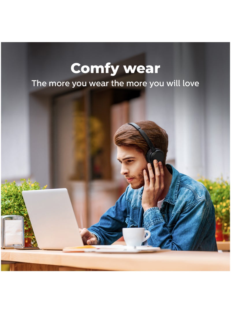 TAH1108BK Wireless Bluetooth Headphones with 30mm Neodymium Drivers, 15H Playback,  Bluetooth 5.2, Fast Charging, Built-in Mic, Voice Assistant Support, Comfortable Cushions, Fold-Flat Lightweight Design, Black Black