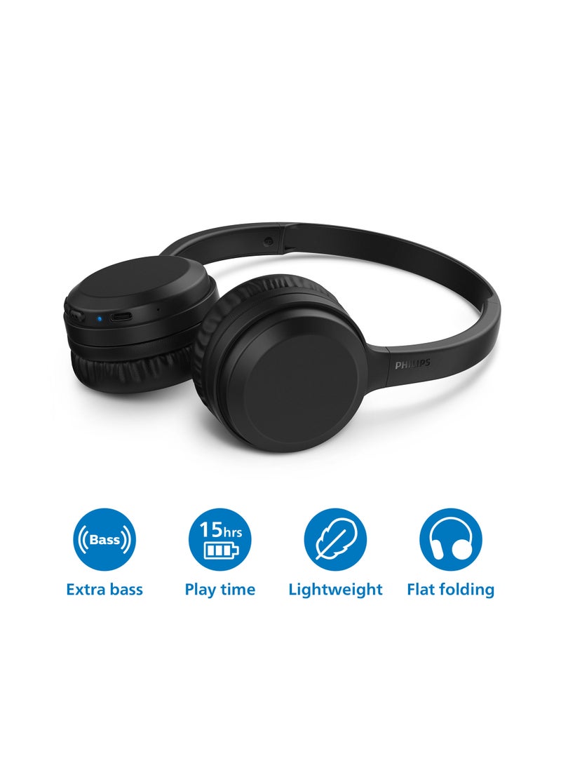TAH1108BK Wireless Bluetooth Headphones with 30mm Neodymium Drivers, 15H Playback,  Bluetooth 5.2, Fast Charging, Built-in Mic, Voice Assistant Support, Comfortable Cushions, Fold-Flat Lightweight Design, Black Black