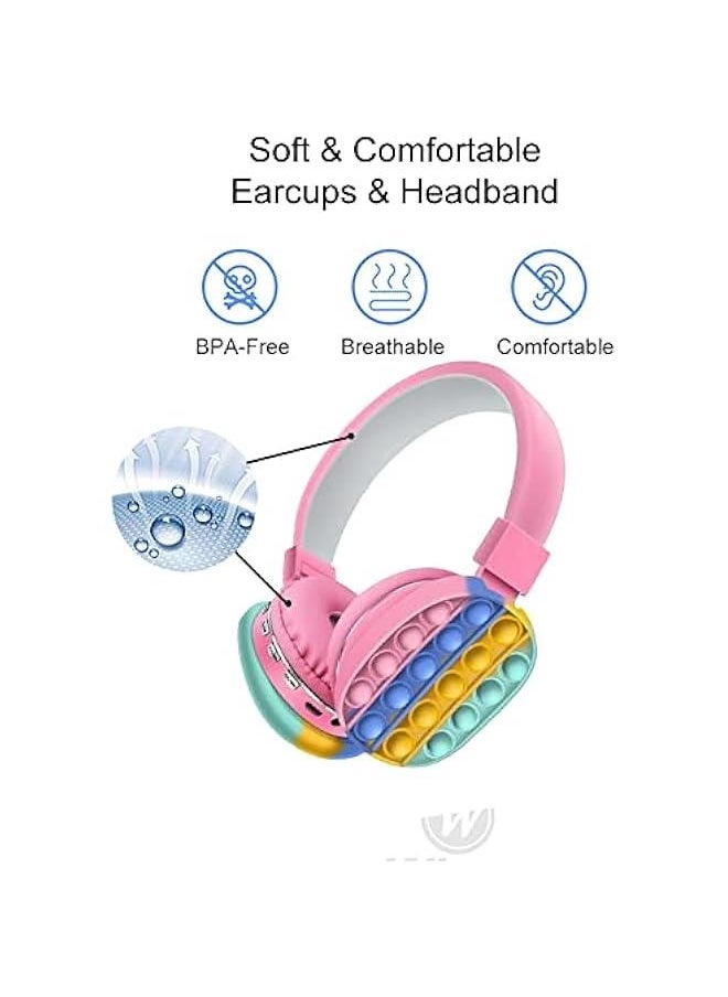 Wireless or Wired Bluetooth 5.2 Rechargeable Over The Ear Headphones with Silicone Fidget Pop Bubbles Microphone, Powerful Surround Stereo Bass and Passive Noise Cancelling (Pink)