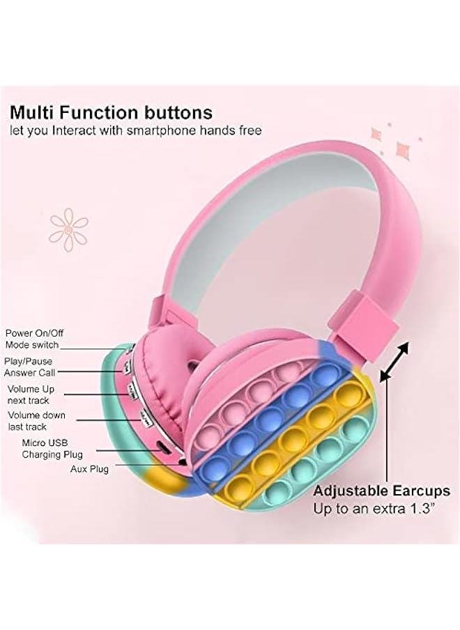 Wireless or Wired Bluetooth 5.2 Rechargeable Over The Ear Headphones with Silicone Fidget Pop Bubbles Microphone, Powerful Surround Stereo Bass and Passive Noise Cancelling (Pink)