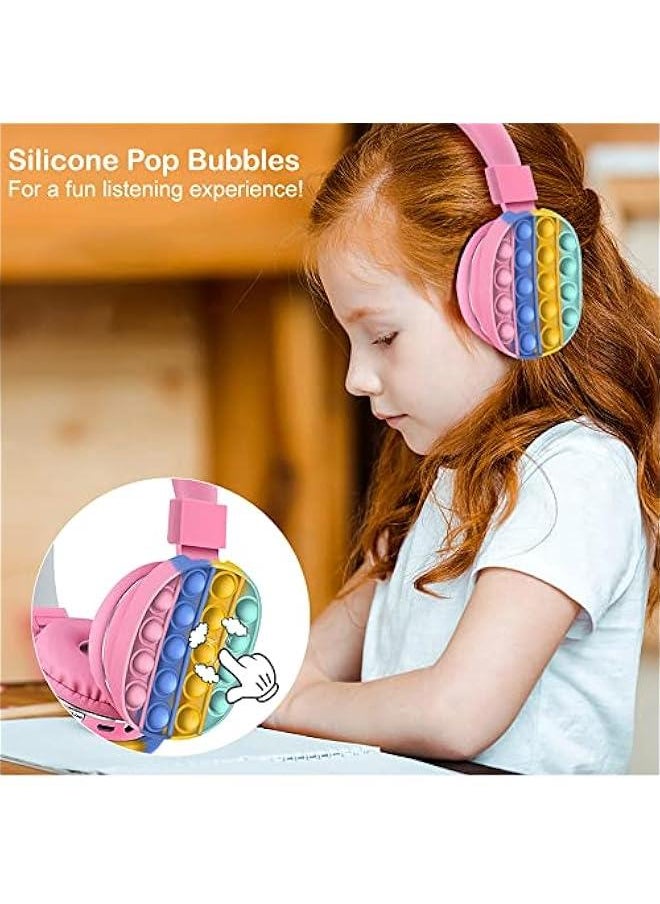 Wireless or Wired Bluetooth 5.2 Rechargeable Over The Ear Headphones with Silicone Fidget Pop Bubbles Microphone, Powerful Surround Stereo Bass and Passive Noise Cancelling (Pink)