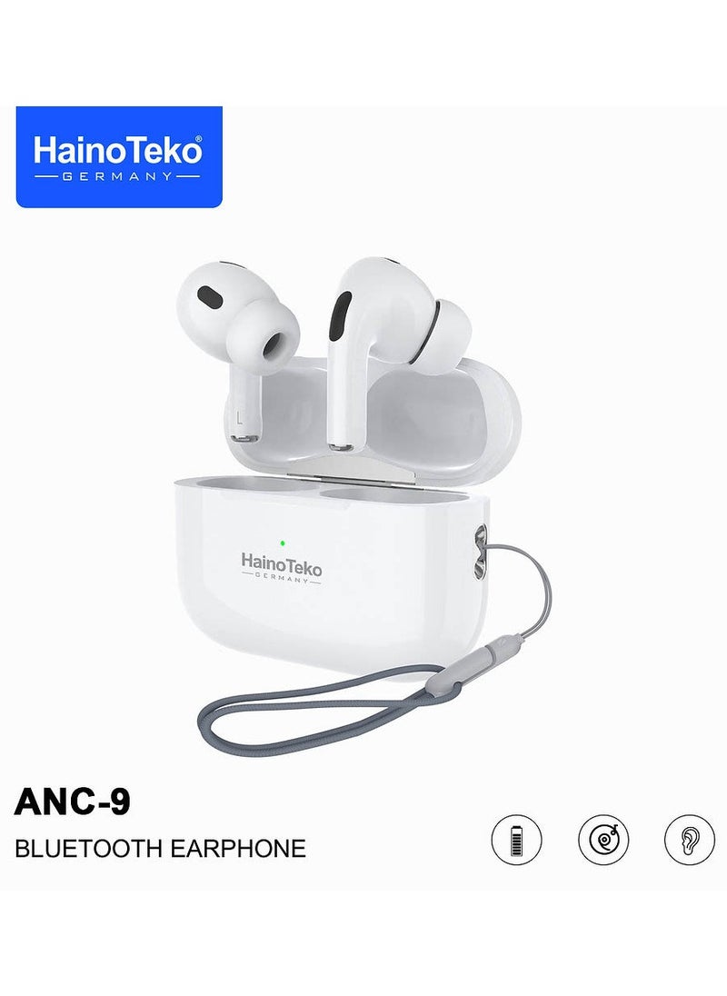 Haino Teko ANC 9 Bluetooth Earphones with Active Noise Cancellation Enhanced Bass Music Clear Microphone and Touch Controls Compatble With Android Mobiles and Tablets White