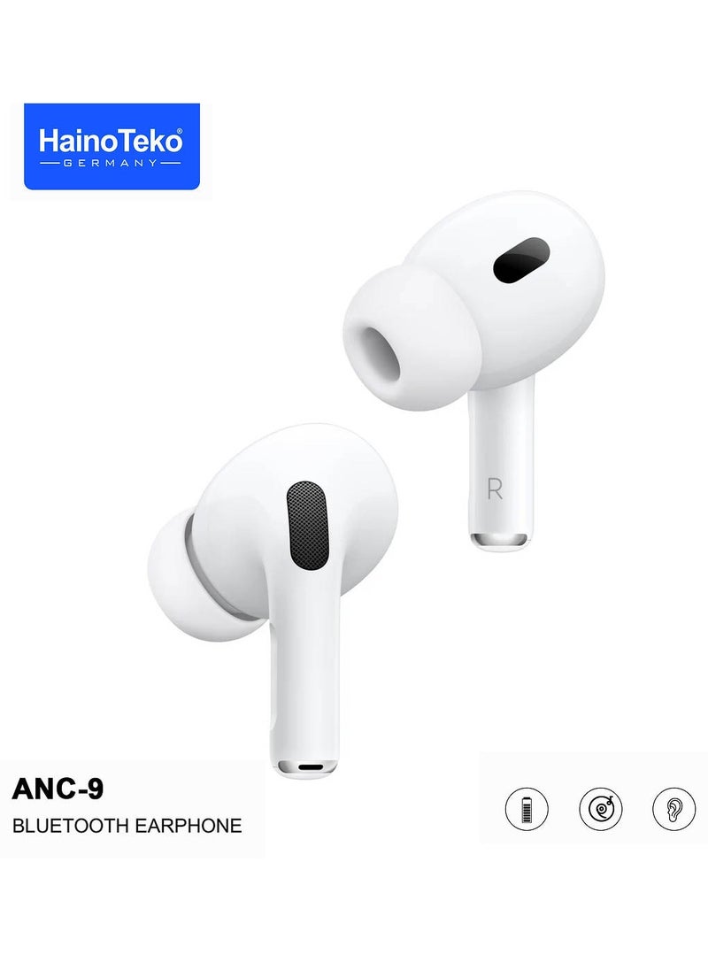 Haino Teko ANC 9 Bluetooth Earphones with Active Noise Cancellation Enhanced Bass Music Clear Microphone and Touch Controls Compatble With Android Mobiles and Tablets White