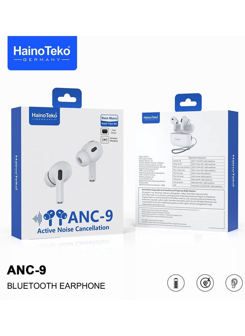 Haino Teko ANC 9 Bluetooth Earphones with Active Noise Cancellation Enhanced Bass Music Clear Microphone and Touch Controls Compatble With Android Mobiles and Tablets White