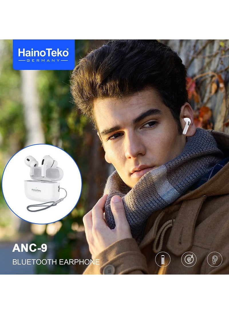 Haino Teko ANC 9 Bluetooth Earphones with Active Noise Cancellation Enhanced Bass Music Clear Microphone and Touch Controls Compatble With Android Mobiles and Tablets White