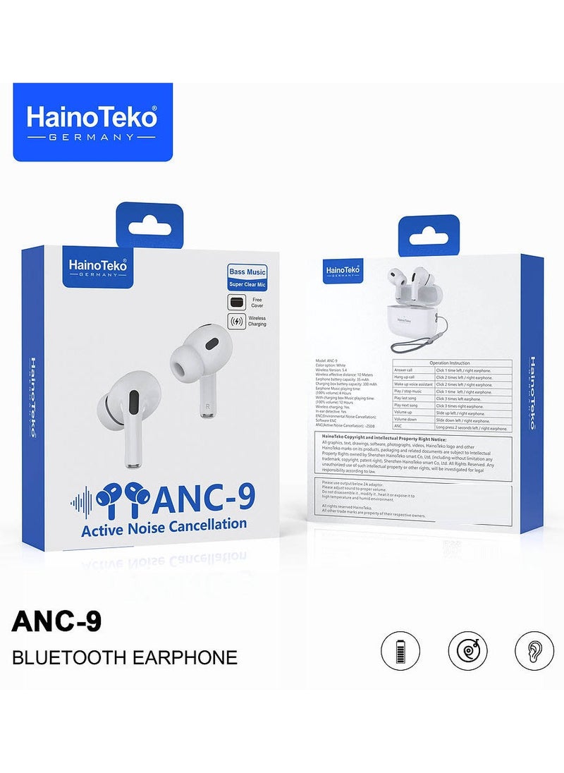 Haino Teko ANC 9 Bluetooth Earphones with Active Noise Cancellation Enhanced Bass Music Clear Microphone and Touch Controls Compatble With iPhones and iPads White