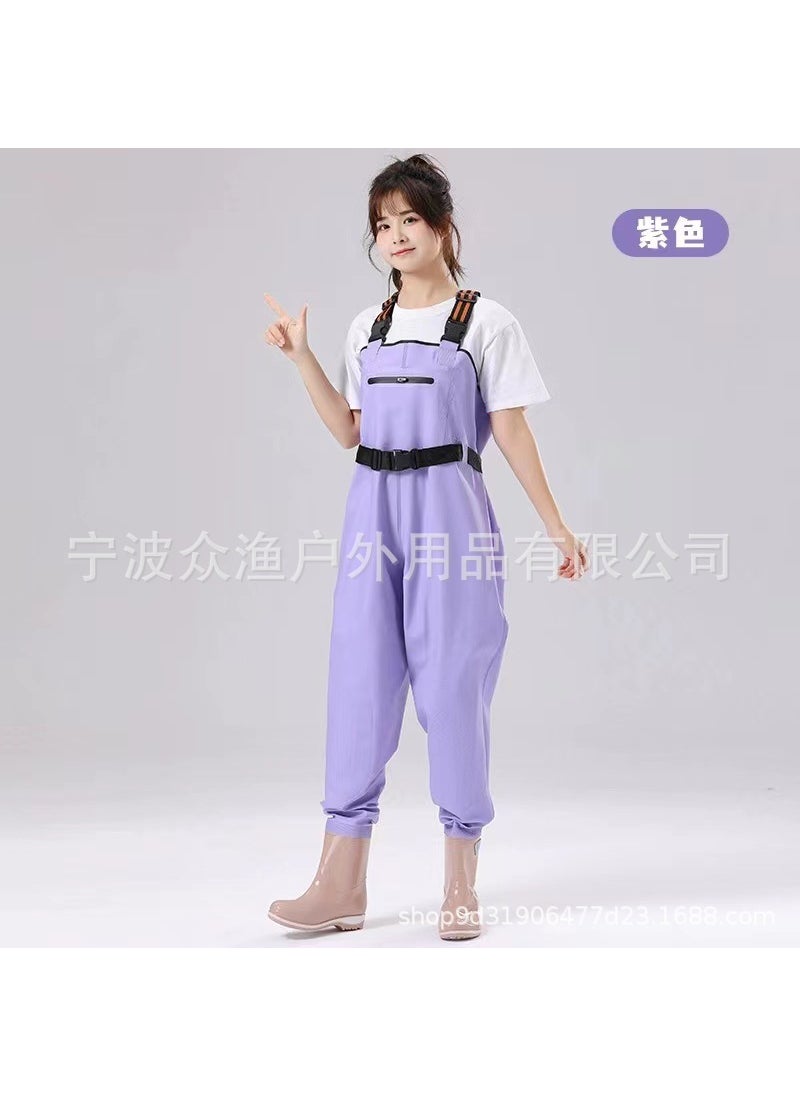 Womens Beach Wader Overalls with Rain Boots Purple-double knee pads