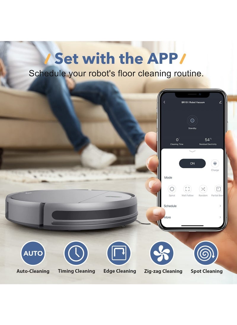 BR151 Robot Vacuum Cleaner with Mop,2 in 1 Mopping Robotic Vacuum with Watertank and Dustbin, Self-Charging, Wi-Fi/Voice/App, Strong Suction, Ease of Use, Self-Charging Robotic Vacuum, Slim, Ideal for Hard Floor, Pet Hair, Carpet