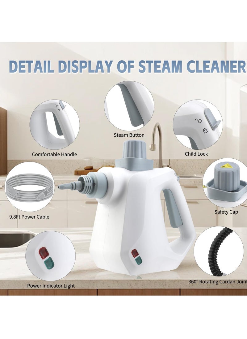 Steam Cleaner, 1050W, 3 Bar Steam Pressure, 400ml Capacity, with 9pcs Accessory, High Temperature Kills 99.99% of Viruses & Bacteria for Kitchen Sofa Bathroom Car Window