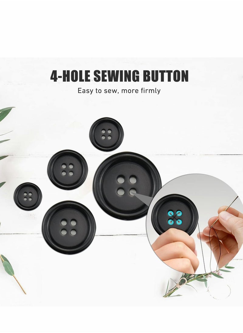 Premium 100 Pcs Resin Sewing Buttons Eco-Friendly 4-Hole Craft Buttons, 5 Sizes of Black Round Mixed Buttons Suitable for Sewing DIY and Holiday Decoration