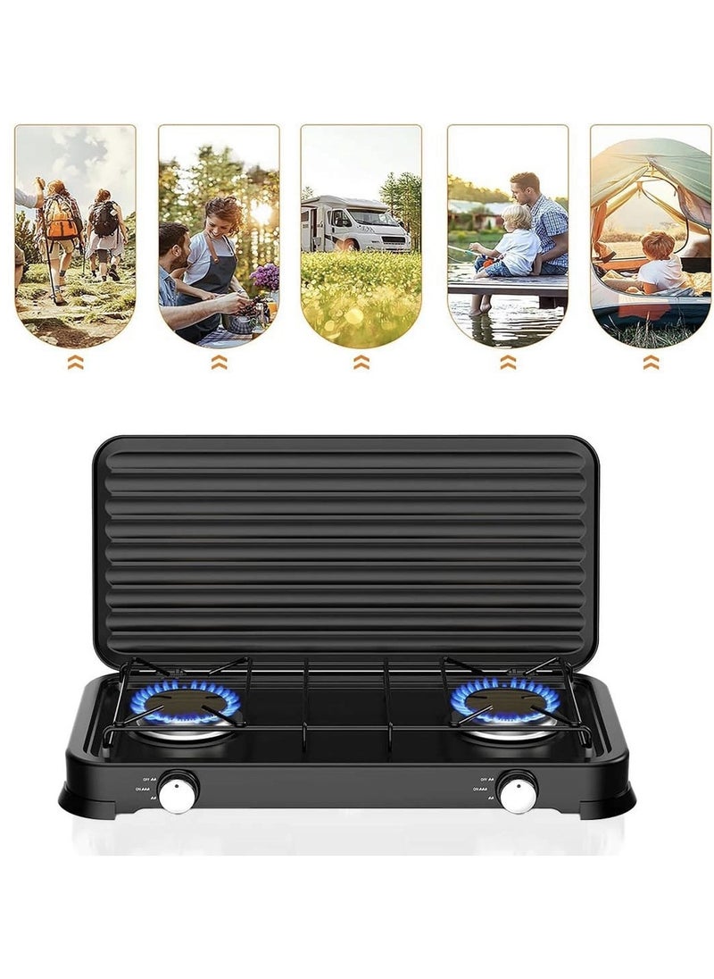 Portable 2 Burner Gas Stove with Cover for Outdoor Camping & Garden Party Cooking Stove, Propane Gas Cooker with Windshield for BBQ, Tailgating, Picnic, and Outdoor Events