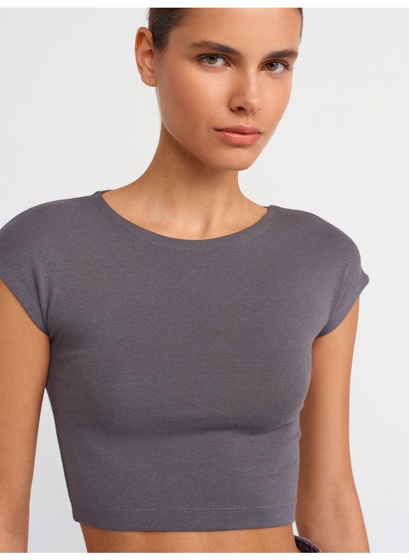 Dilvin 30528 Cotton and Modal Blend Crop Top-Smoked