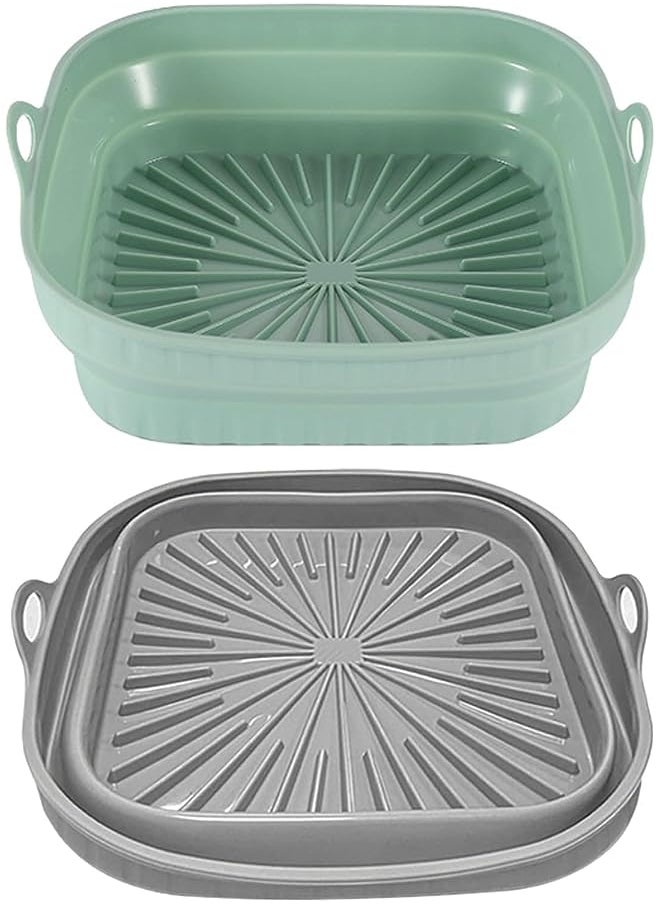 2-Pack Air fryer Silicone Liner, 8.5 inch Reusable Air Fryer Basket Silicone Pot Round for 4 to 7 QT, Food Grade Microwave Oven Accessories (Grey + Green)