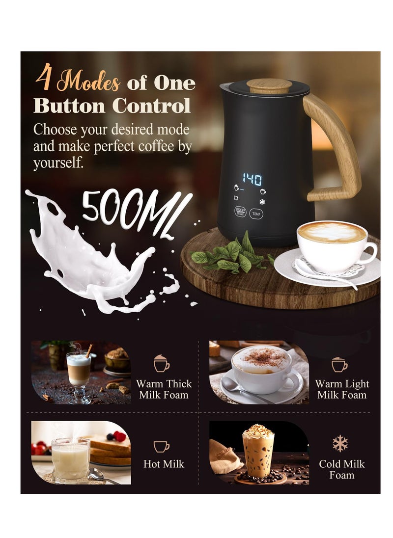 Milk Frother and Steamer, 4-in-1, With Temperature Control Display Screen, Electric Automatic Frother for Hot Chocolate Milk, Cappuccinos, Latte, Macchiato, Black, Easy to Clean, Silent Operation