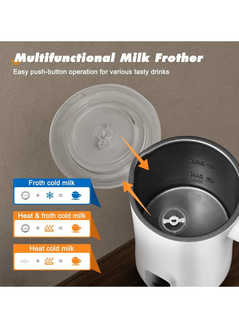 Milk Frother, 350ml Electric Milk Foamer 4 in 1 Hot Cold Milk Warmer Automatic Coffee Frother Hot Chocolate Macchiato 400W Maker with Whisks for Latte Coffee Cappuccino, Easy Cleaning, White