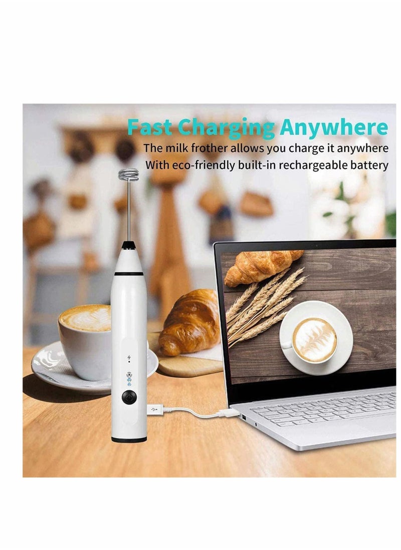 Milk Frother, 3 Speeds Electric Handheld Foam Make, USB Rechargeable with Stainless Whisk, for Coffee, Latte, Cappuccino, Chocolate, Milk Tea, Coconut Milk, Durable Frother Mixer (White)