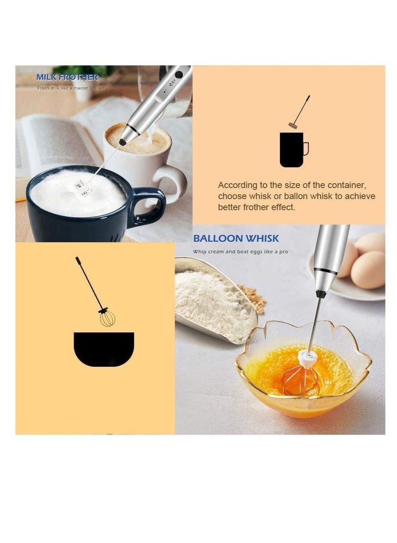 USB Rechargeable Milk Frother Handheld, 3 Speeds Handheld Electric Whisk, Egg Beater with Double Stainless Whisks, Suitable for Coffee, Latte, Cappuccino, Matcha, Hot Chocolate, Egg (Silver)