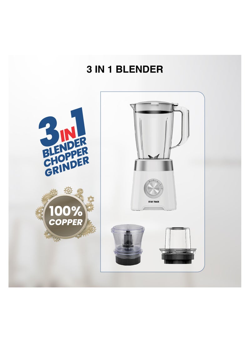 STAR TRACK 3-in-1 Blender, Chopper & Grinder ST-15WD-B500, 500W, 1.5L Plastic Jug, 2-Speed with Pulse, Anti-Slip, Low Power, Premium, White