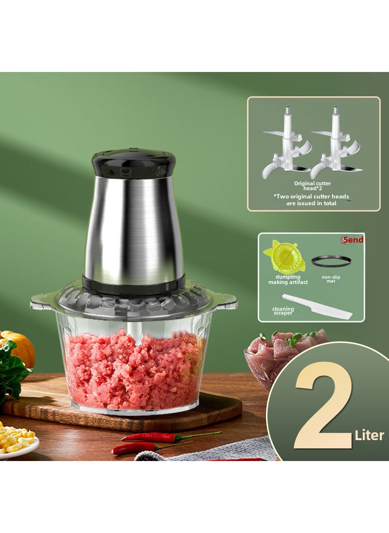 Cross-border stainless steel meat grinder small household mixer dumplings meat stuffing large capacity automatic cooking machine wholesale 2 sets of knives 2 liters glass meat grinder