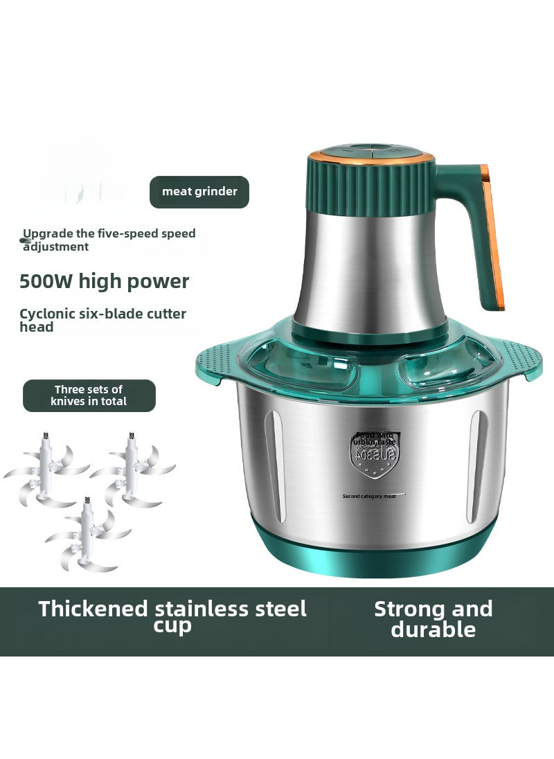 New stainless steel automatic meat grinder household mixer 5L large capacity meat grinder multi-function cooking machine Green (3 sets of knives)