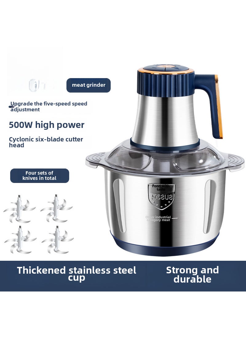 New stainless steel automatic meat grinder household mixer 5L large capacity meat grinder multi-function cooking machine Blue (4 sets of knives)