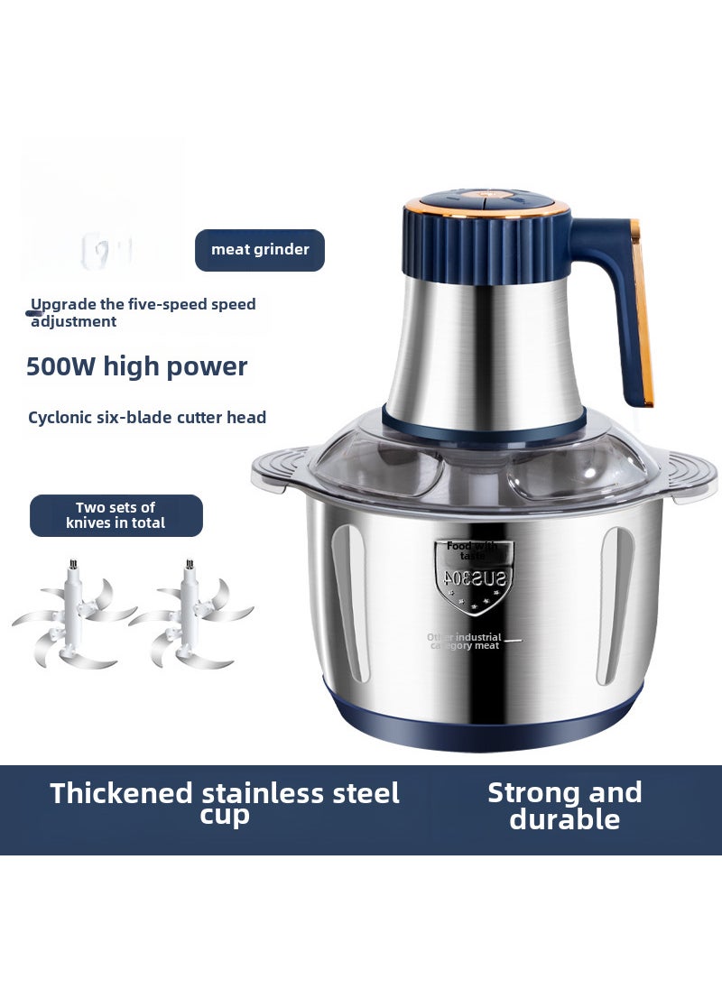 New stainless steel automatic meat grinder household mixer 5L large capacity meat grinder multi-function cooking machine Blue (2 sets of knives)