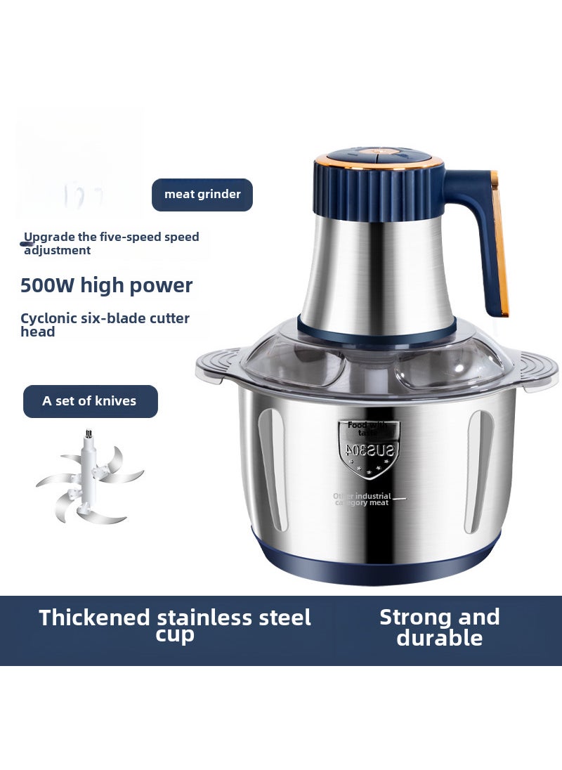 New stainless steel automatic meat grinder household mixer 5L large capacity meat grinder multi-function cooking machine Blue (1 set of knives)