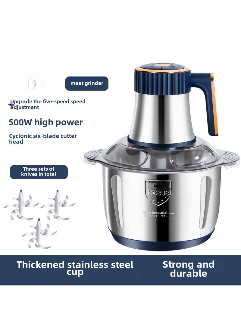 New stainless steel automatic meat grinder household mixer 5L large capacity meat grinder multi-function cooking machine Blue (3 sets of knives)