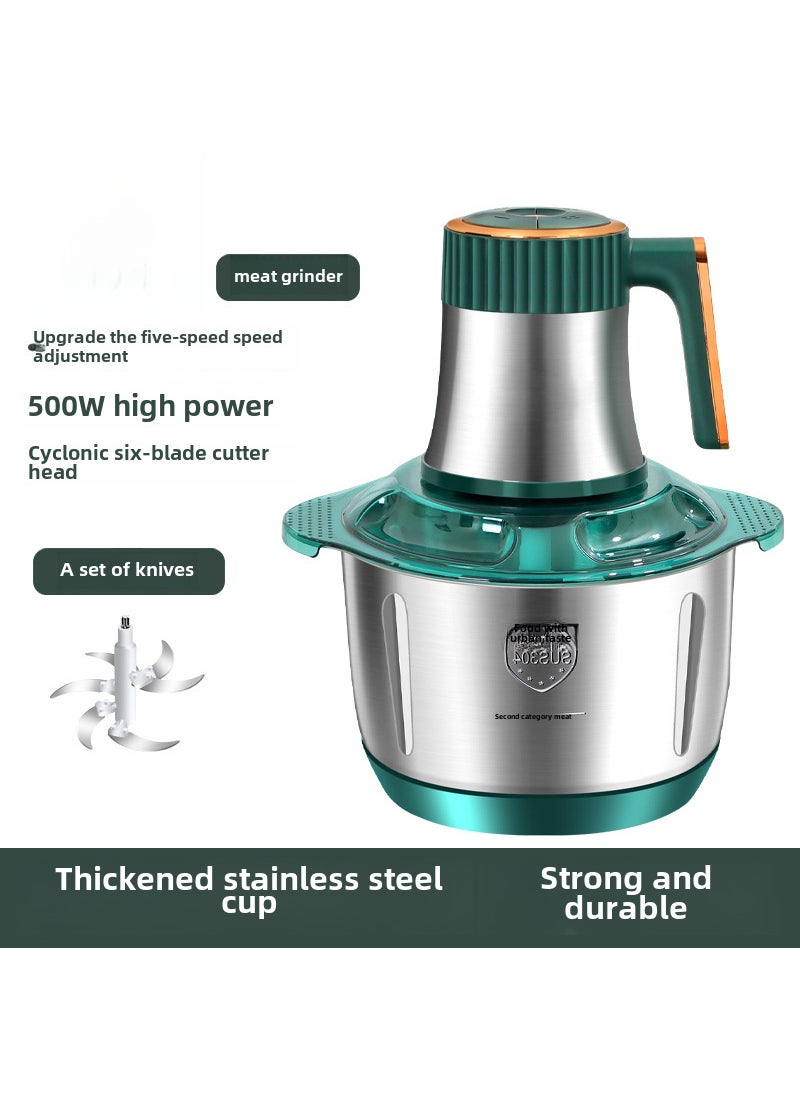 New stainless steel automatic meat grinder household mixer 5L large capacity meat grinder multi-function cooking machine Green (1 set of knives)