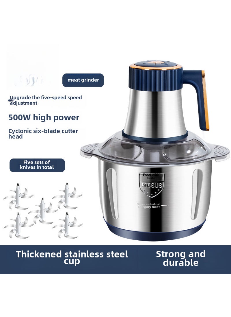 New stainless steel automatic meat grinder household mixer 5L large capacity meat grinder multi-function cooking machine Blue (5 sets of knives)