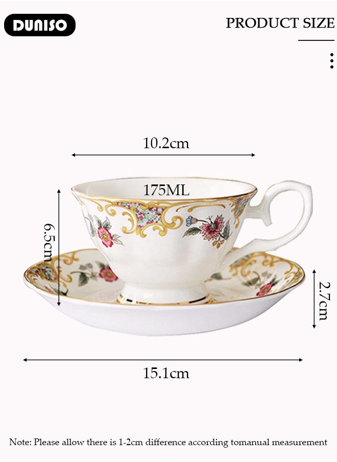 Ceramic Tea Cups and Saucers, European Retro Style Coffee Cups，Bone China Glazed Tea Mugs,  Latte Cups and Espresso Mug for Coffee Drinks and Tea, Kitchen and Living Room Saucers Set,Ceramic Coffee