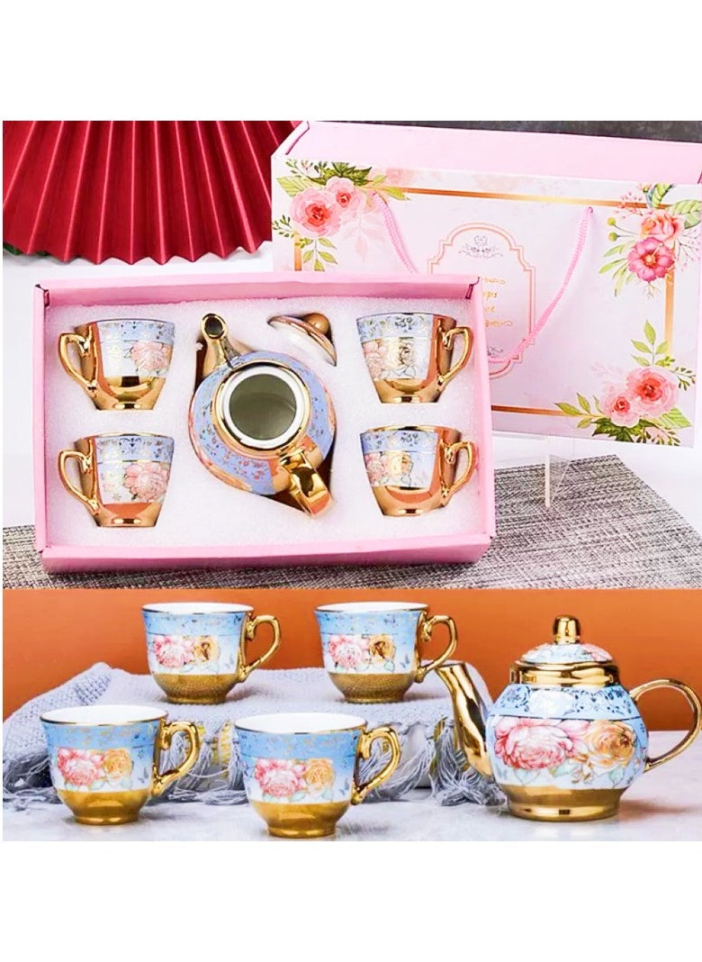 Ceramic Coffee Cups with Pot, Turkish Tea Cups Set, 80ml Cups, 280ml Pot, 5pcs set with gift box (Blue)