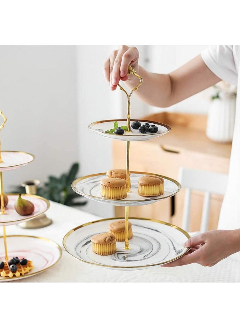 2-Tier Ceramic Cupcake Stand Tower Dessert Display Plate 2-Tier White Round Marble Ceramic Serving Tray Dish Treat Stacked Pastry Fruit Serving Platter Carrier