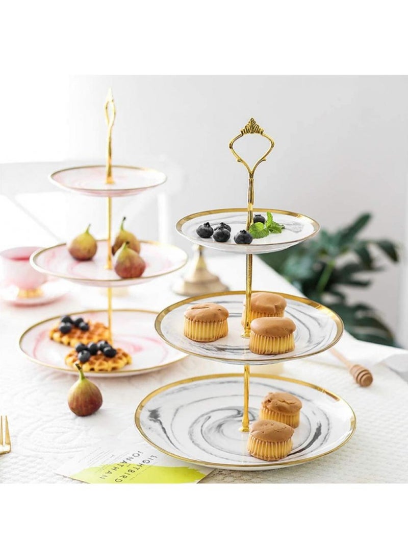 2-Tier Ceramic Cupcake Stand Tower Dessert Display Plate 2-Tier White Round Marble Ceramic Serving Tray Dish Treat Stacked Pastry Fruit Serving Platter Carrier