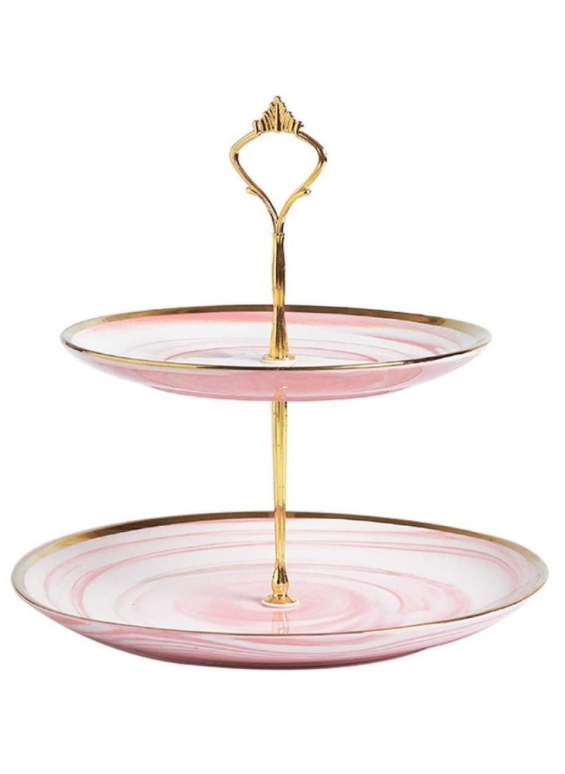 2-Tier Cupcake Stand Tower Dessert Display Plate Pink Round Marble Ceramic Serving Tray Dish Treat Stacked Pastry Fruit Serving Platter Carrier