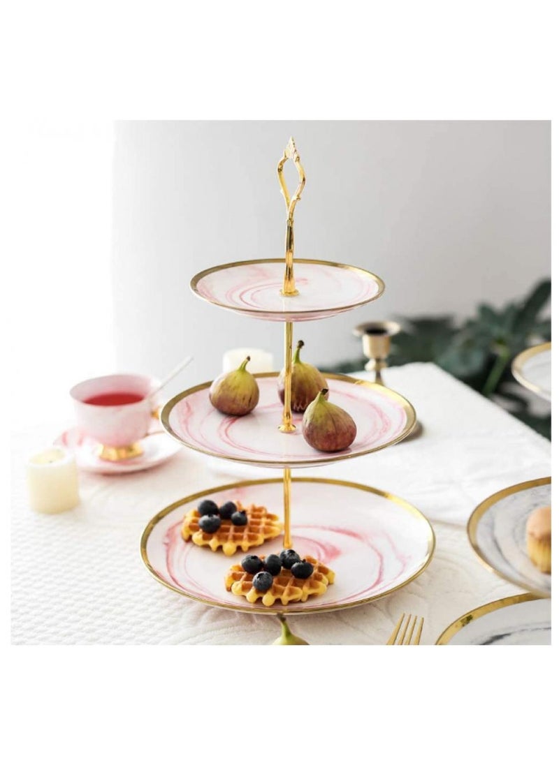 2-Tier Cupcake Stand Tower Dessert Display Plate Pink Round Marble Ceramic Serving Tray Dish Treat Stacked Pastry Fruit Serving Platter Carrier