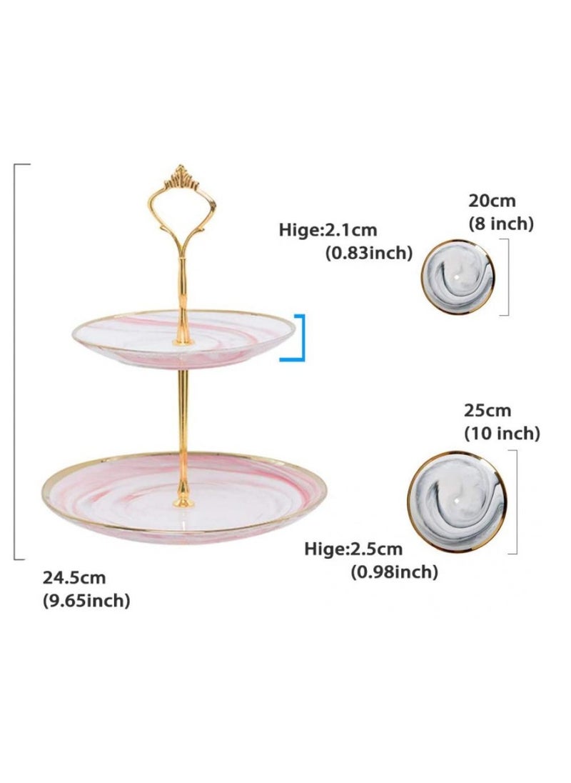 2-Tier Cupcake Stand Tower Dessert Display Plate Pink Round Marble Ceramic Serving Tray Dish Treat Stacked Pastry Fruit Serving Platter Carrier