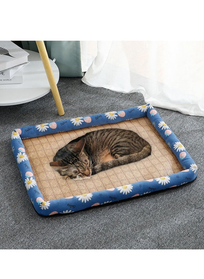 Rattan Pet Cooling Mat, Pet Summer Comfortable Straw Bamboo Cool Pad with Pillows Around, Washable, Summer Cooling Bed for Cats and Dogs