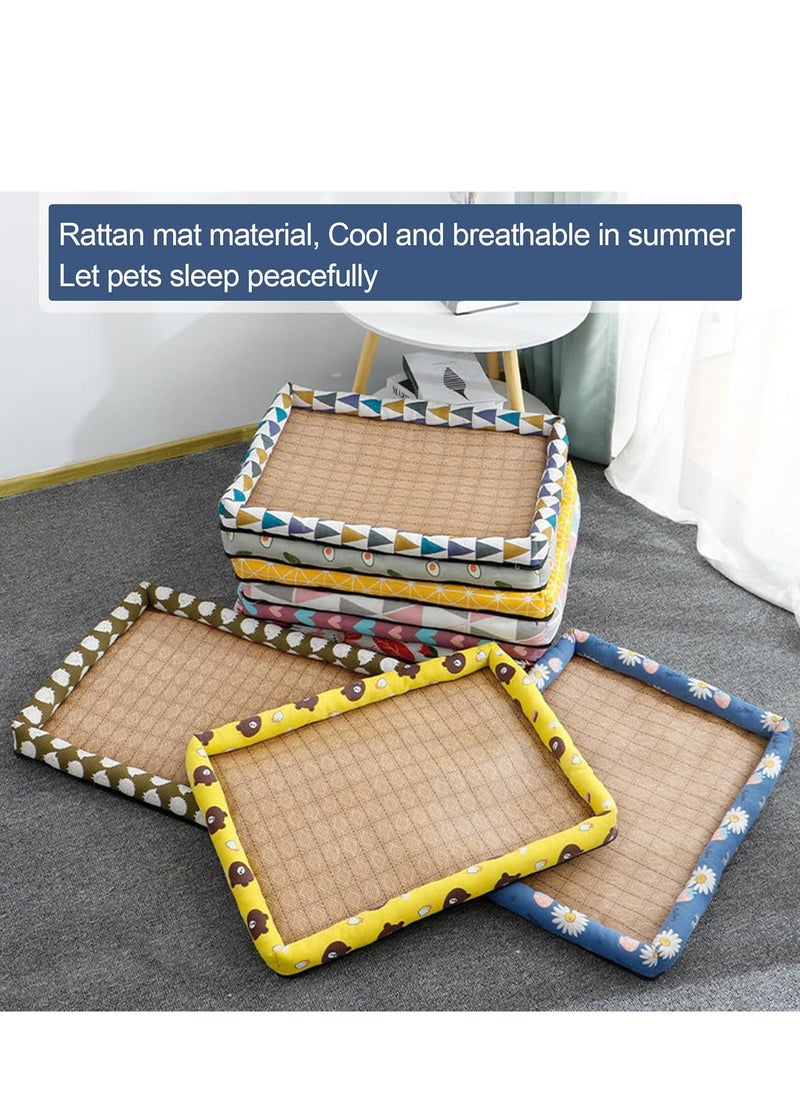 Rattan Pet Cooling Mat, Pet Summer Comfortable Straw Bamboo Cool Pad with Pillows Around, Washable, Summer Cooling Bed for Cats and Dogs