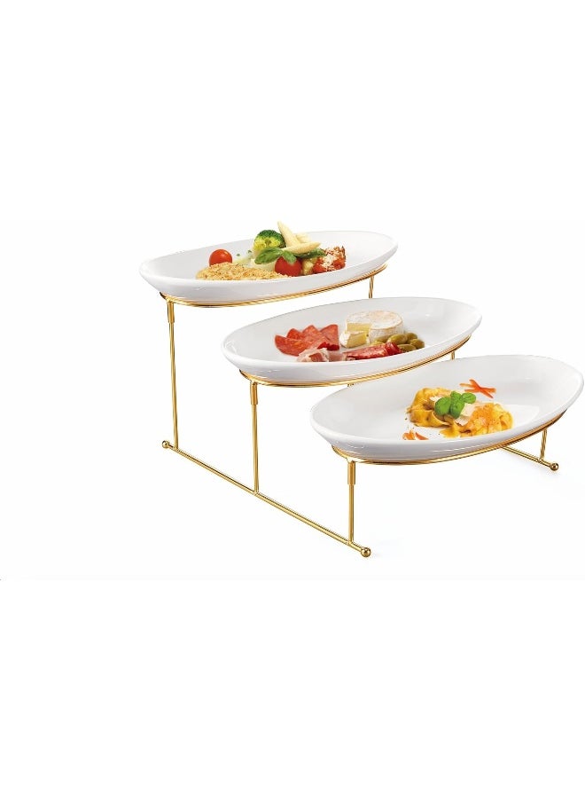 3 Tier Oval Serving Set With Gold Stand Fruit Bowl For Kitchen Counter Ceramic Serving Bowls With Metal Rack Tiered Fruit Basket For Fruit Vegetable Storage Snack Nuts Cake