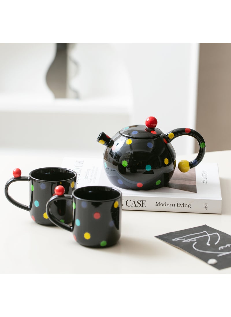 Colorful polka dot one pot two cups household living room high-end ceramic niche creative Kettle High-looking exquisite tea set 1002-017 polka dot teapot set (black) pot 500ml, cup 205ml