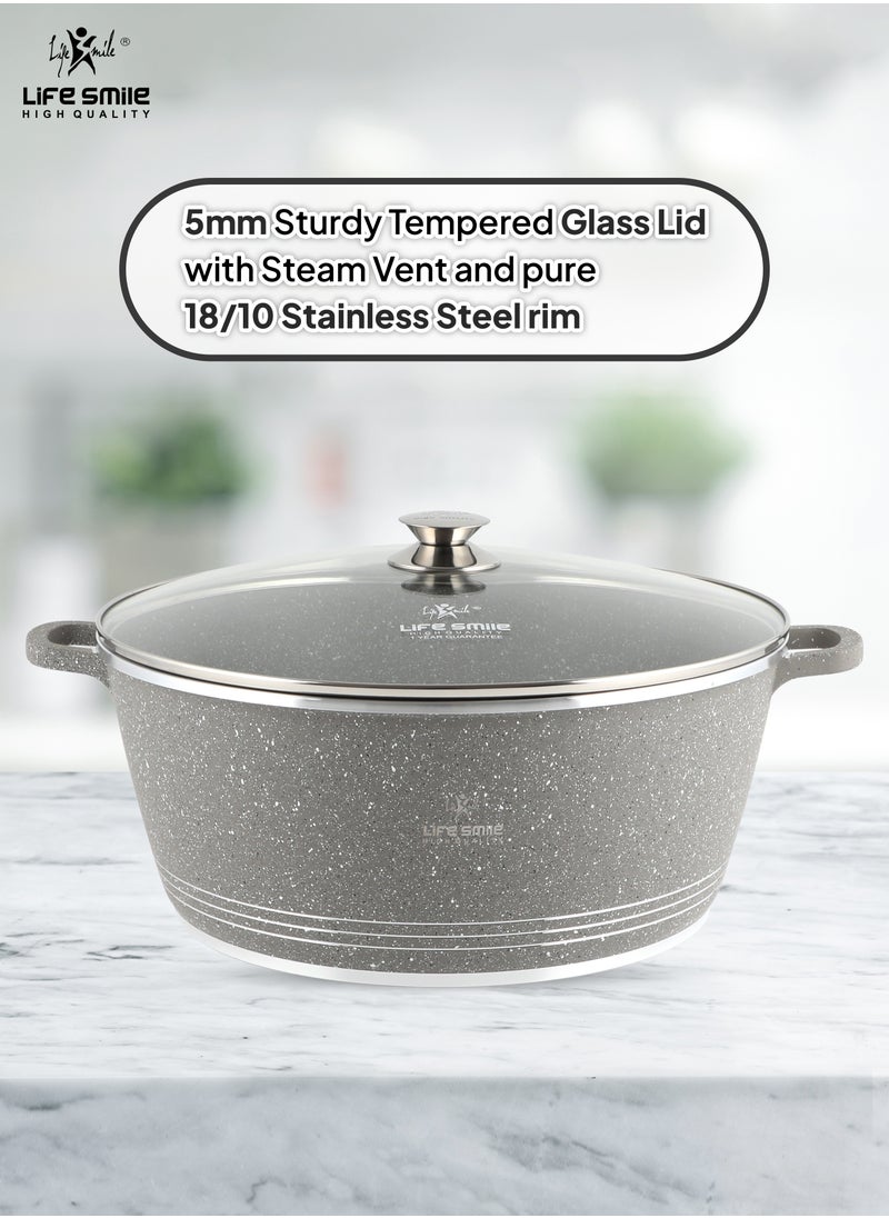 36cm (13 Liter) LIFE SMILE Cooking Pot | aluminum Soup Pot With Glass Lid | 100% PFOA Free, Fixed Handle | Multi Layer Non-Stick Granite Coating | oven safe