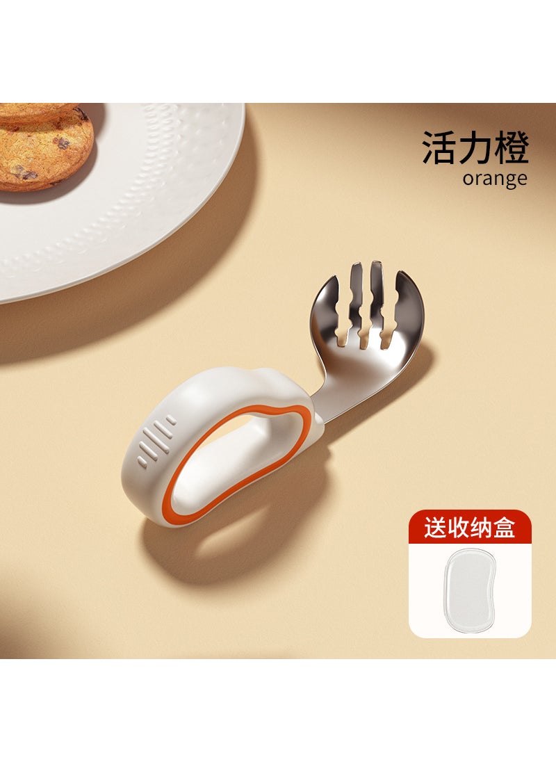 2024 new baby spoon learning to eat training newborn baby self-eating children silicone stainless steel fork spoonStainless steel] vibrant orange fork (with storage box) Stainless steel] vibrant orange fork (with storage box)