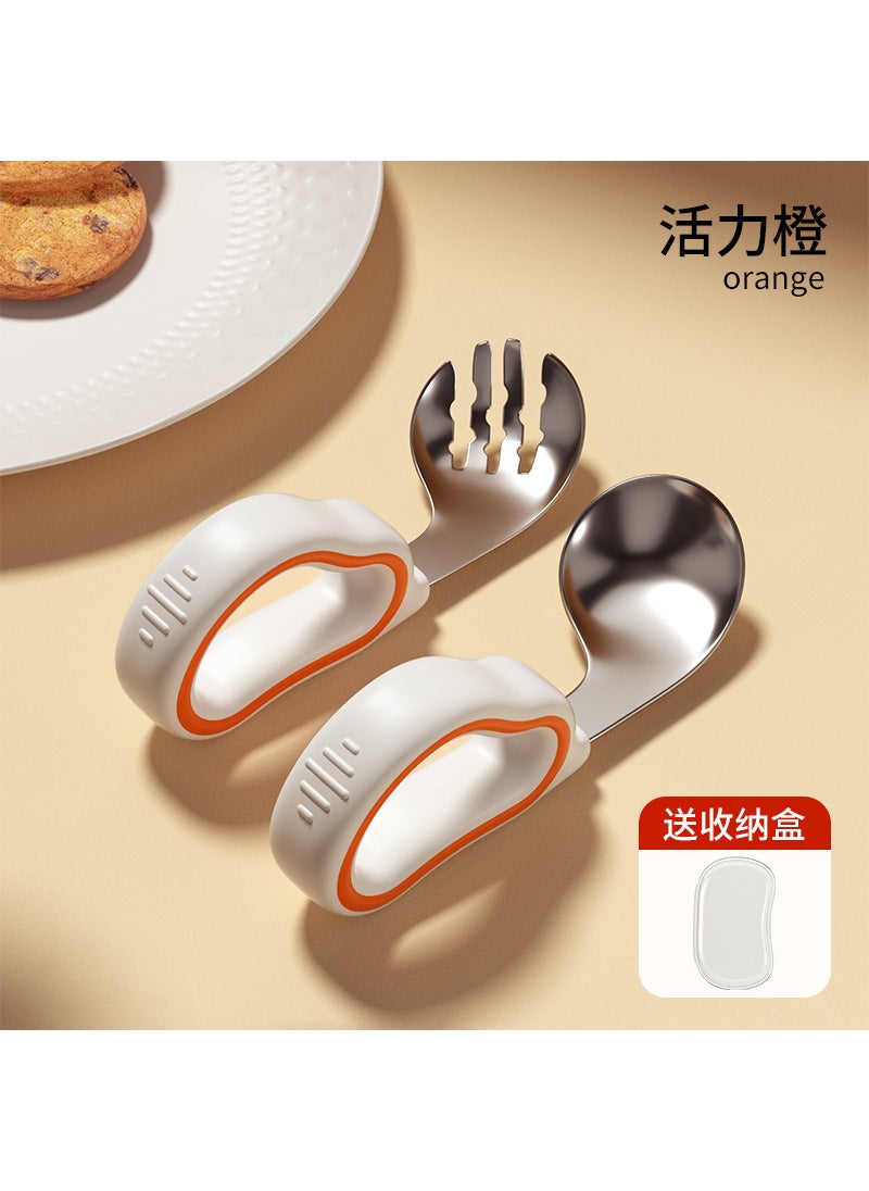 2024 new baby spoon learning to eat training newborn baby self-eating children silicone stainless steel fork spoonStainless steel fork spoon-vitality Orange (with storage box) Stainless steel fork spoon-vitality Orange (with storage box)