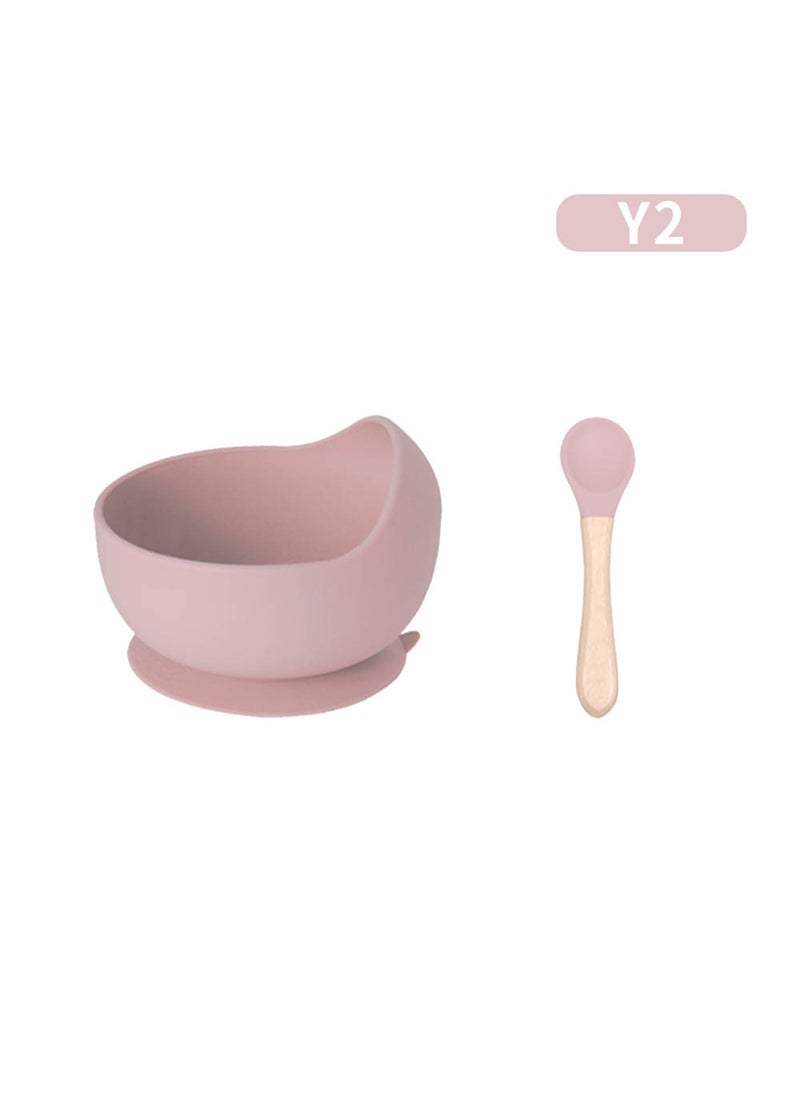 Baby silicone feeding 2-Piece Set baby silicone sucker bowl Beech spoon feeding eating children tableware suit Bowl clear color + wooden handle spoon