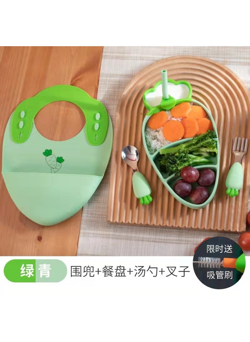 Creative Silicone Carrot Kids Dinnerware Set Green zipper bag with bib packaging